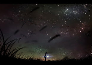 silhouette of girl under starry night sky