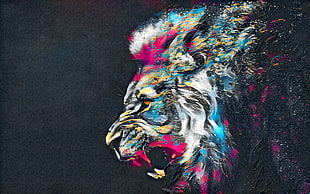 painting of multicolored lion, lion, animals, wildlife