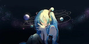 blue haired female anime character digital wallpaper, night, Hatsune Miku, long hair, twintails
