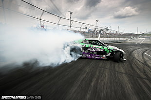 white, green, and purple coupe, smoke, car, drift
