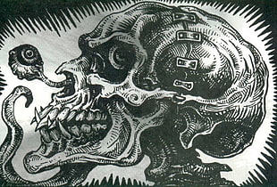 black and gray skull sketch, creepy, evil, death, corpse