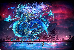 dragon on top of the body of water illustration