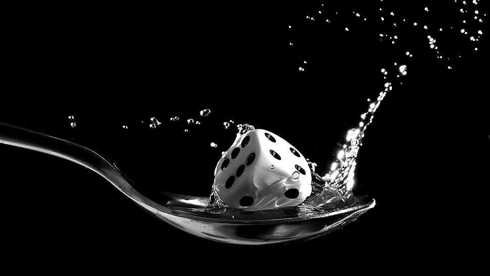 grayscale photography of spoon and dice, spoons, dice, cube, dots HD wallpaper
