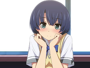 short-haired black female in white top anime character illustration