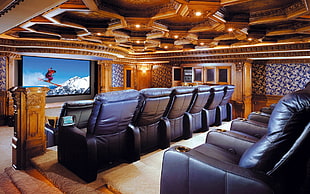 black leather padded sectional sofa, home cinema, movie theater, interior design HD wallpaper