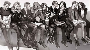 Friends sitting movie artwork, Marvel Cinematic Universe, Agents of S.H.I.E.L.D., Phil Coulson, monochrome