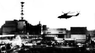 black and white building painting, military, aircraft, military aircraft, helicopters