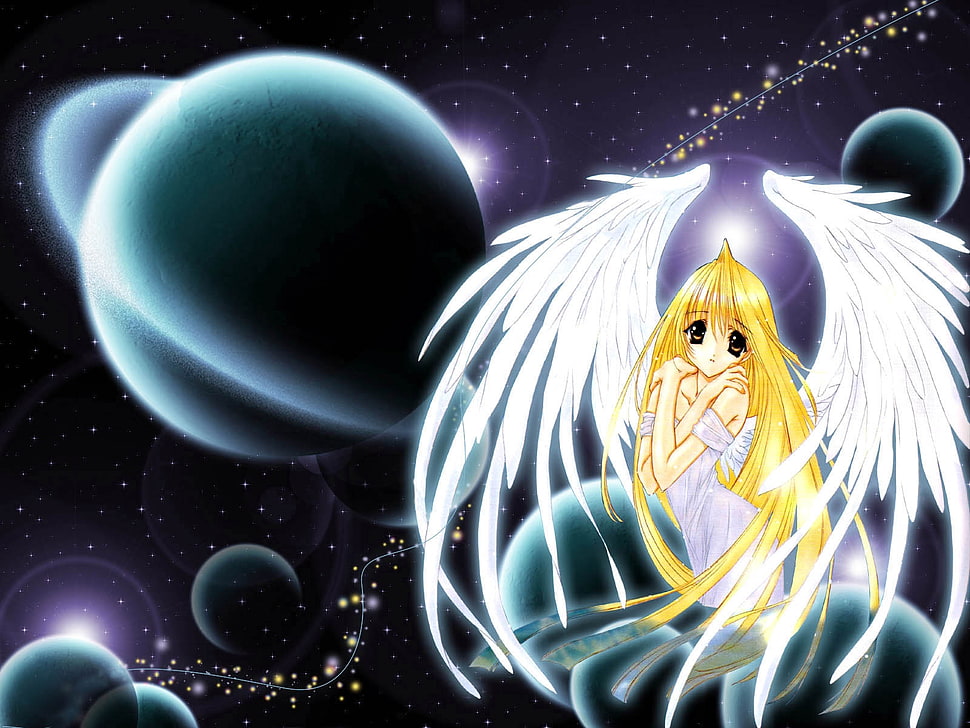 yellow haired female angel anime character HD wallpaper