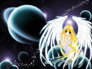 yellow haired female angel anime character HD wallpaper