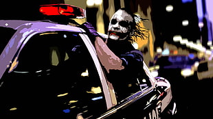 Joker riding on police car illustration, Joker, The Dark Knight, Batman, MessenjahMatt HD wallpaper