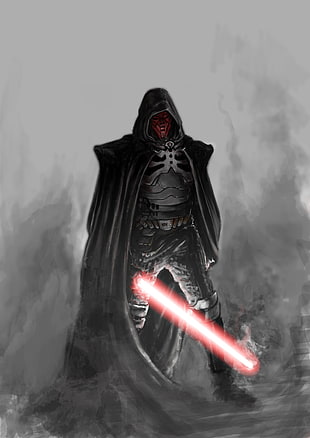 man holding sword digital artwork, lightsaber, Star Wars, cloaks, mask