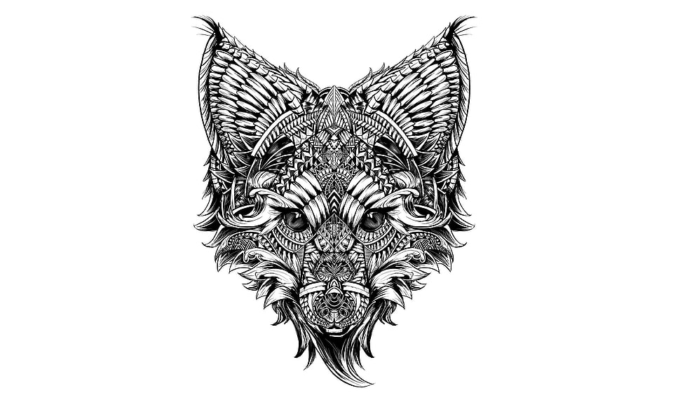 black and white animal illusration, tribal , fox HD wallpaper