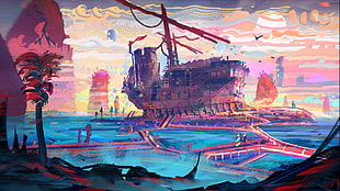 galleon ship painting, colorful, abstract, bridge, ship
