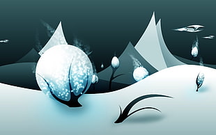 white snow covered ground and mountains illustration