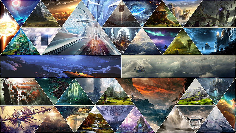 forest illustration collage, fantasy art, geometry, triangle, mosaic HD wallpaper
