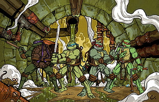 brown and green floral table lamp, Teenage Mutant Ninja Turtles, warrior, cartoon