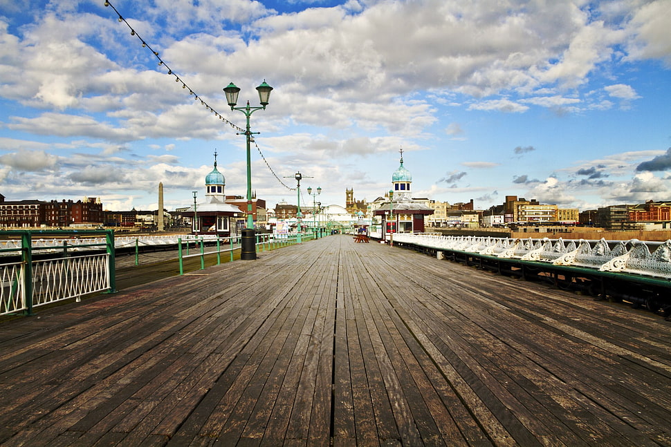 brown wooden bridge, clouds, pier, promenades, coast HD wallpaper