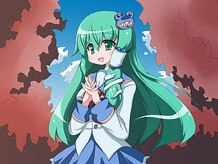 green haired female anime character wearing white and blue top