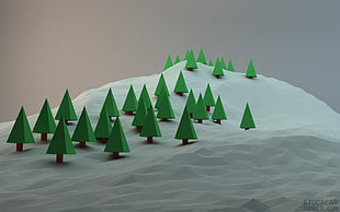 green pine trees miniature, low poly, simple background, trees, digital art