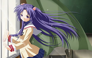 female anime character with purple long hair digital wallpaper
