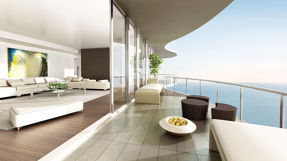 three black ottomans, interior HD wallpaper