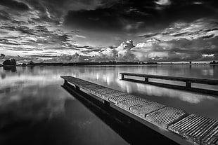 grayscale photography of fishing dock