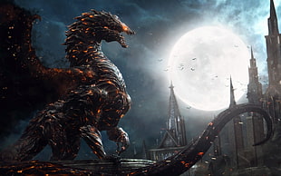video game game cover, dragon, fantasy art, Moon