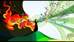 silhouette of person standing between fire and nature illustration