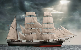 black, white, and red sailboat, sailing ship, ship, vehicle