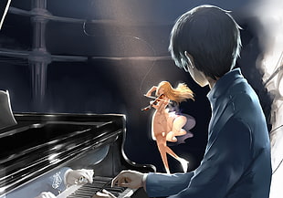 man playing piano watching woman playing violin, Shigatsu wa Kimi no Uso, Arima Kousei, Miyazono Kaori, anime