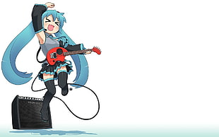 anime character with blue hair using corded headphones