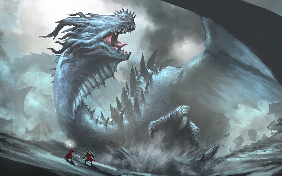 dragon illustration, fantasy art, dragon, warrior HD wallpaper