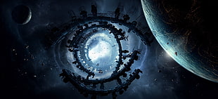 ship at galaxy near planet, science fiction HD wallpaper