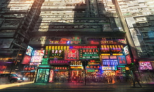 gray commercial building, city, neon, anime, apartments