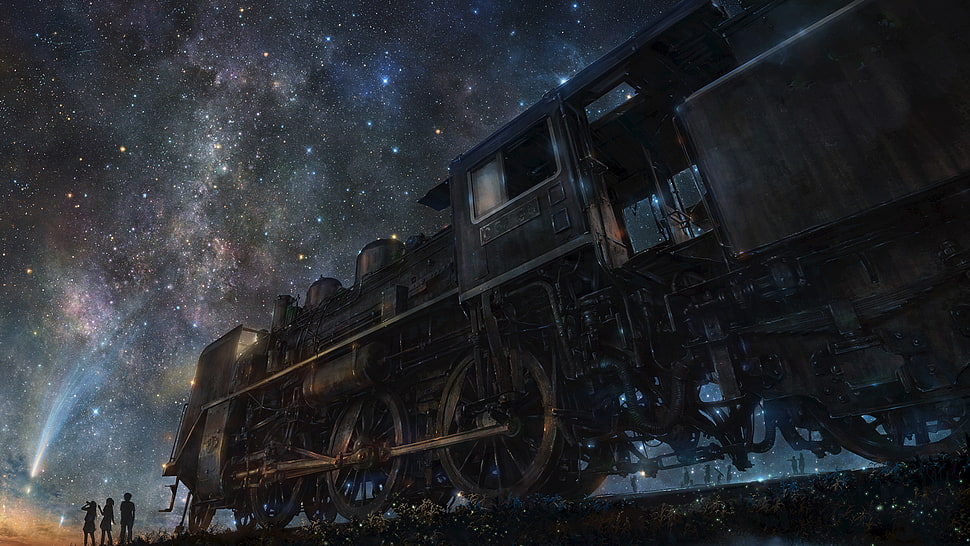 three person standing on front of brown train at nighttime digital wallpaper HD wallpaper