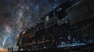 three person standing on front of brown train at nighttime digital wallpaper