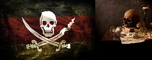 red, black, and white pirate flag, pirates, collage, skull, bones