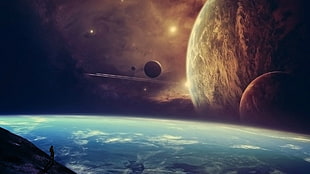 round black planet, render, planet, Moon, stars
