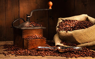 vintage brown and black manual coffee grinder, photography, coffee