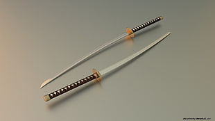 two silver swords with black handles, katana