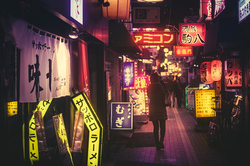 yellow and black LED signage, Masashi Wakui, Japan, night, street HD wallpaper