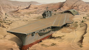 gray ship, apocalyptic, aircraft carrier, animation, desert