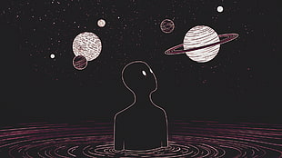 man staring planets illustration, space, simple