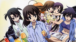 five female anime character drinking beverage and eating chips