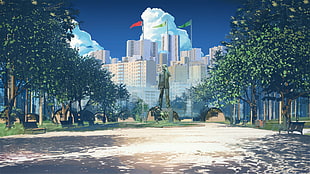 white and green concrete building, cityscape, clouds, flag, bench