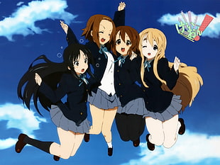 four women in black and gray uniform anime character digital wallpaper HD wallpaper