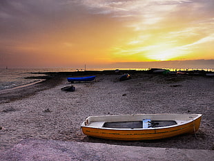 wooden boat at the bay near the ocean during sunset, marino HD wallpaper