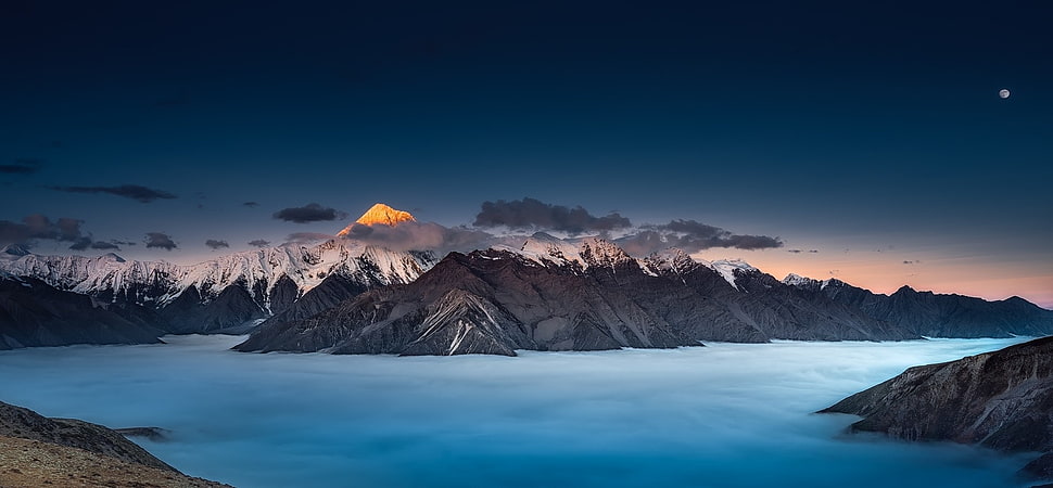 snow-capped mountains, nature, landscape, sunset, Moon HD wallpaper