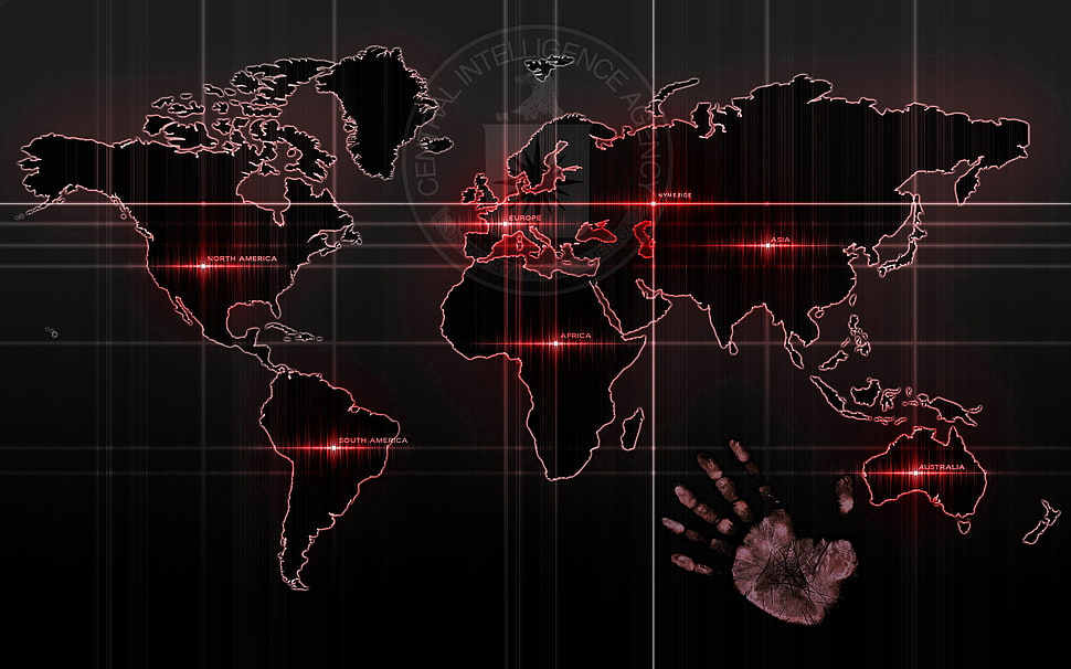 red and black world map, handprints, map, technology, streaks HD wallpaper
