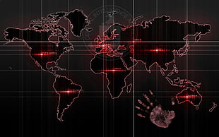red and black world map, handprints, map, technology, streaks HD wallpaper